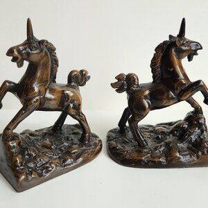 Pair of Otagiri Bronzed Cast Iron Unicorn Bookends Japan Majestic Man Cave decor